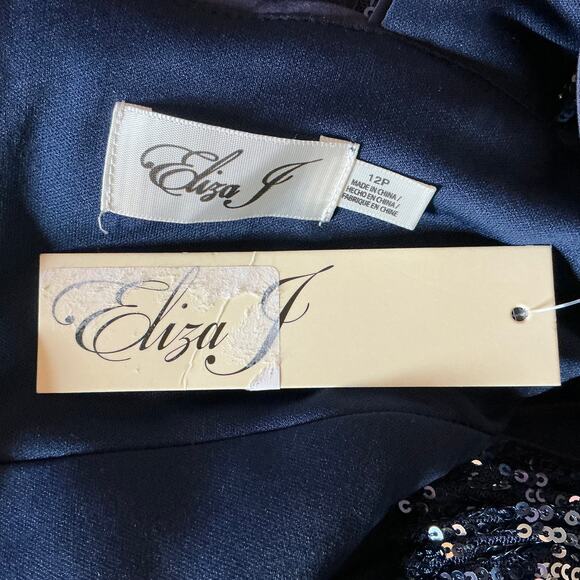 Eliza J Women's Sequin Tulle Sleeveless Halter Evening Gown Blue Size 12P Dress - Picture 9 of 12